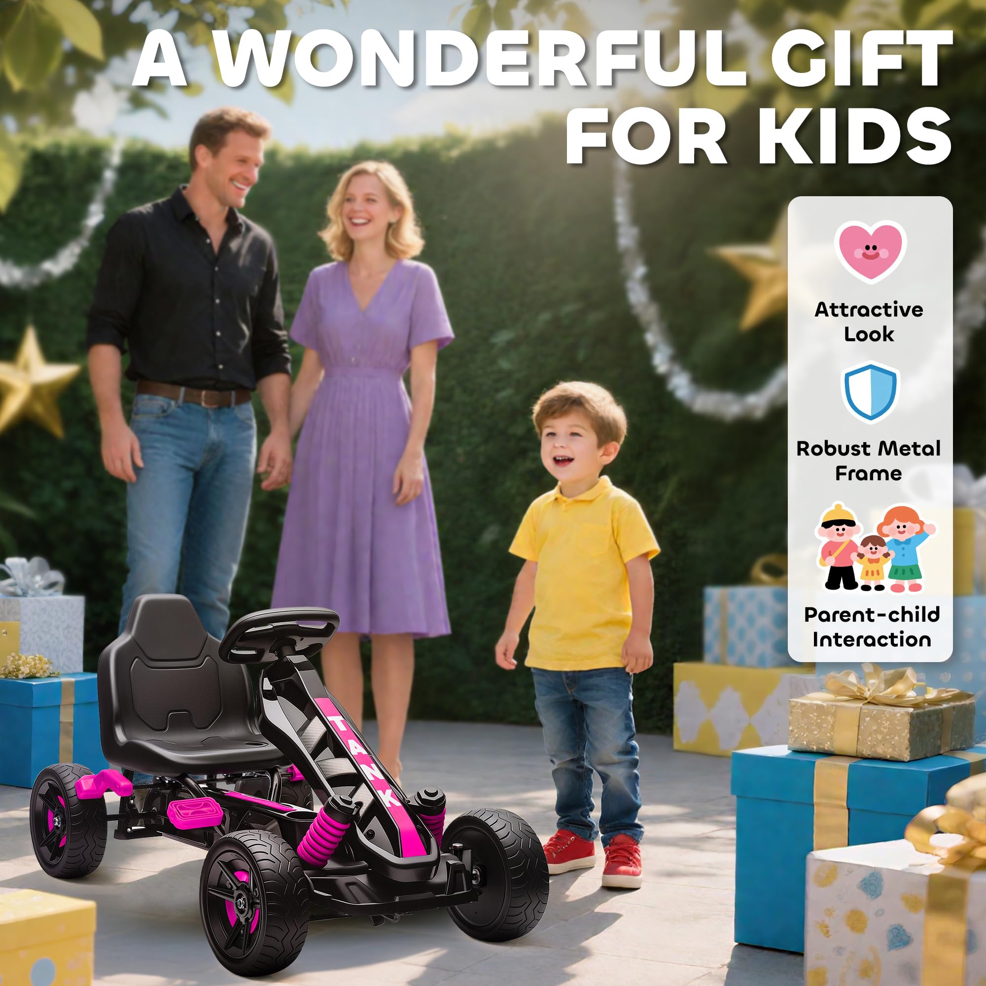 AIYAPLAY Pedal Go Kart, Ride on Racer with Freewheel System, Brake, Non-Slip EVA Wheels, Metal Frame, Go Kart for Kids Ages 3-6 Years, Pink