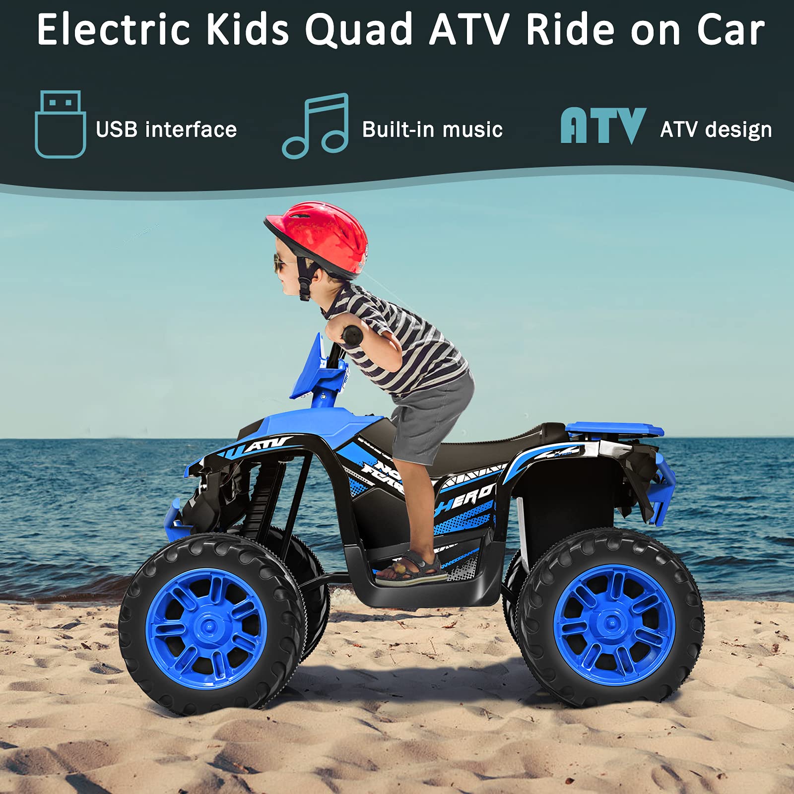 GYMAX Kids Electric Quad Bike, Children Ride On ATV with Bluetooth, Lights, Music, Horn, High/Low Speeds and Slow Start, 12 V Battery Powered Toy Car for 3-7 Years Boys Girls (Blue)