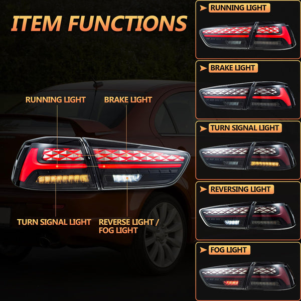 LED Rear Lights compatible with Lancer & EVO X 2008-2020 (Not Fit fortis/io), w/Amber Sequential indicator, Driver & Passenger Side - Red