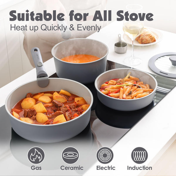 SENSARTE 17 Piece Pots and Pans Set, Nonstick Detachable Handle Cookware, Induction Kitchen Cookware Set with Removable Handle, Healthy Non Stick RV Cookware, Oven Safe (Black)