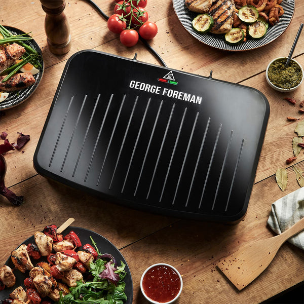 George Foreman Medium Electric Fit Grill [Non stick, Healthy, Griddle, Toastie, Hot plate, Panini, BBQ, Energy saving, Vertical storage, Easy clean, Drip tray, Ready to cook light] Black, 1630W 25810