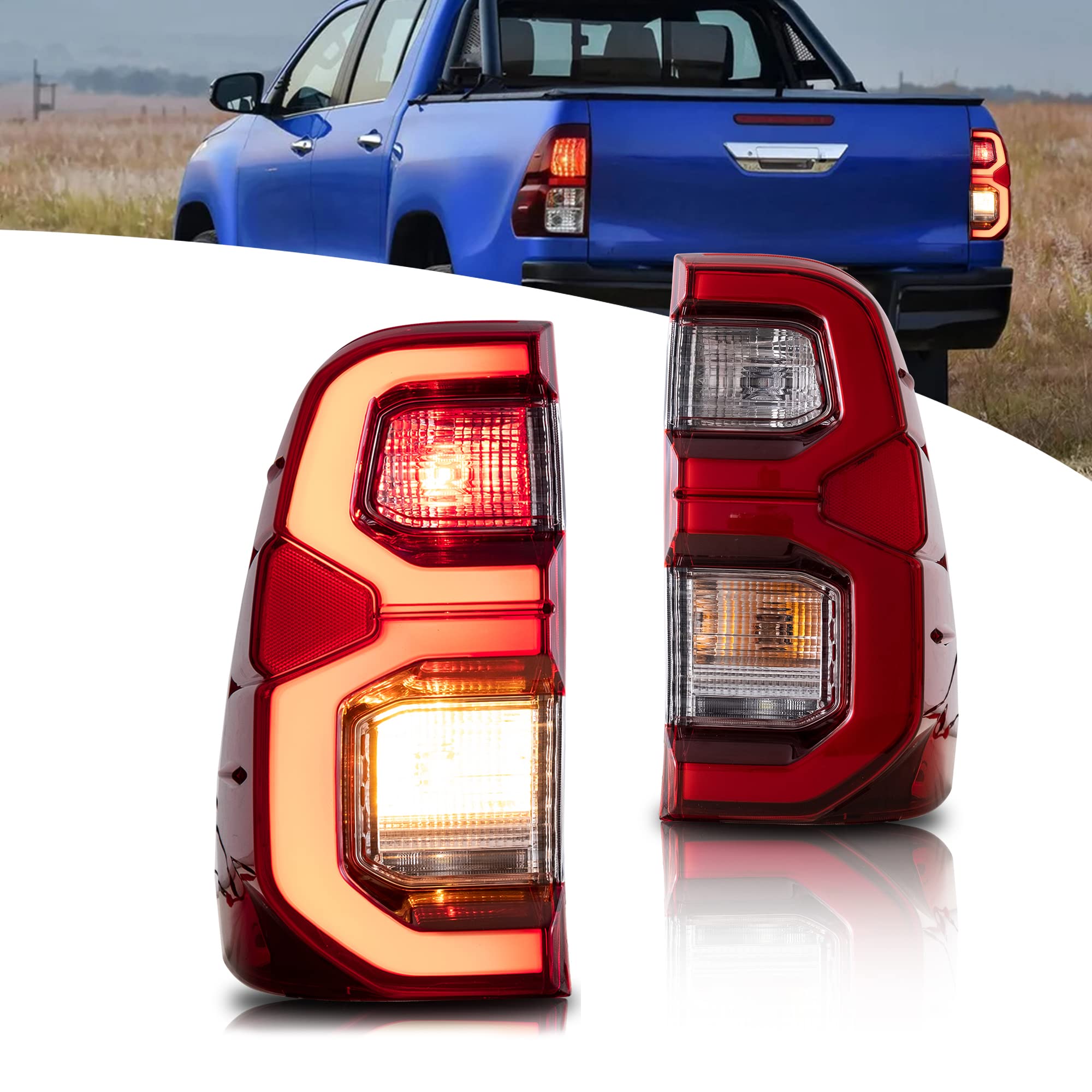 VLAND LED Rear Lights compatible with Hilux Vigo Revo Pickup 2015-2020 [Not fit a Tonka], w/Amber Sequential indicator, Driver & Passenger Side - Red