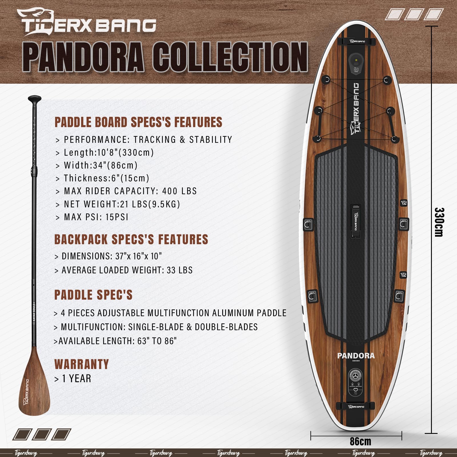 TIGERXBANG Paddle Board, 10.8' Stand Up Paddleboarding with Premium Complete Inflatable SUP Accessories, Extra Wide Paddleboards for Adults & Kids-Pandora Collection