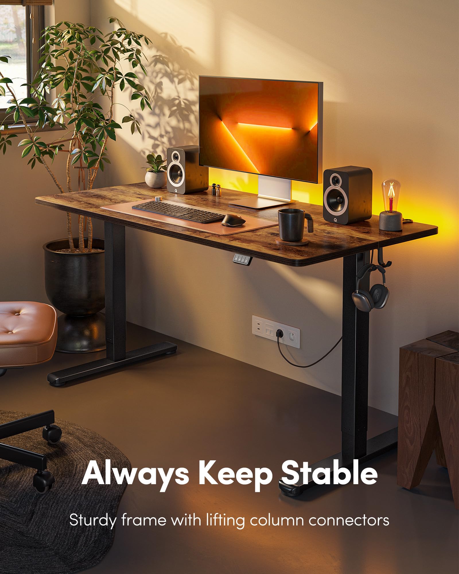 FEZIBO Height Adjustable Electric Standing Desk, 120 * 60 cm Stand up Table, Sit Stand Home Office Desk with Splice Board, White Frame/Maple Top