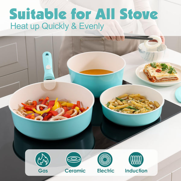 SENSARTE 17 Piece Pots and Pans Set, Nonstick Detachable Handle Cookware, Induction Kitchen Cookware Set with Removable Handle, Healthy Non Stick RV Cookware, Oven Safe (Black)