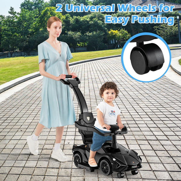GYMAX 3 in 1 Kids Ride on Push Car, Licensed Lamborghini Push Along Car with Handle, Guardrails, USB Port, Music & Lights, Underneath Storage, Toddler Sliding Toy for 18-60 Months Boys Girls (Black)