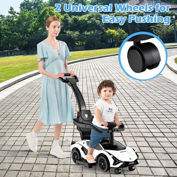 GYMAX 3 in 1 Kids Ride on Push Car, Licensed Lamborghini Push Along Car with Handle, Guardrails, USB Port, Music & Lights, Underneath Storage, Toddler Sliding Toy for 18-60 Months Boys Girls (Black)