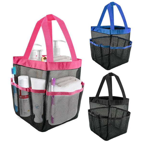 YKUKIZEE 3 Pack Mesh Shower Caddy Bag with 8 Pockets, Quick Dry Shower Caddy Tote with Handle, Portable Cleaning Caddy Bag for Gym Bathroom Beach