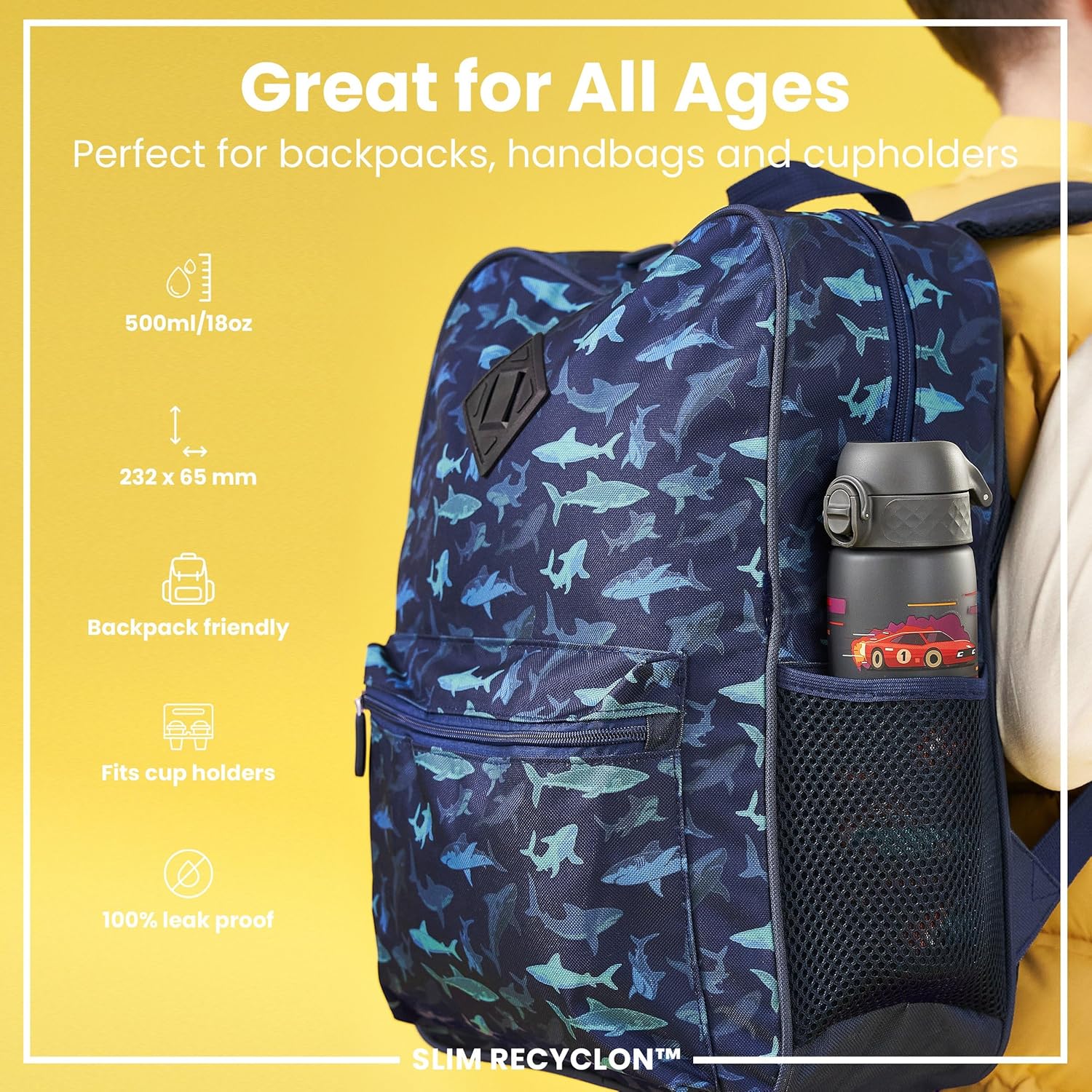 ION8 Water Bottle, 500ml/18oz, Slim Leak-proof & BPA-Free Drinking Bottle, Secure Lock Prevents Spills, Dishwasher Safe, Carry Handle, Ideal for Adults & Kids - Travel, Gym & School, Sport Cars Design