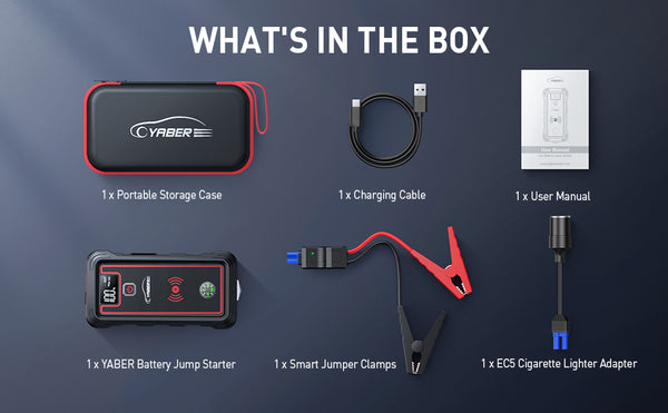 YABER YaberAuto ‎YR800 Jump Starter Power Pack 5000A Peak Car Battery Booster Jump Starter for All Gas Petrol 8.0L Diesel Engines - Jump Starter with 10W Wireless Charger + LED Flashlight + USB-C Port + Digital LCD Screen + Compass + Safety Hammer