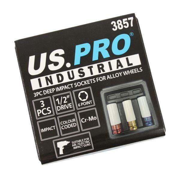 US PRO Industrial 3pc 1/2" DR Deep Impact Sockets For Alloy Wheels 17, 19 & 21mm 3857