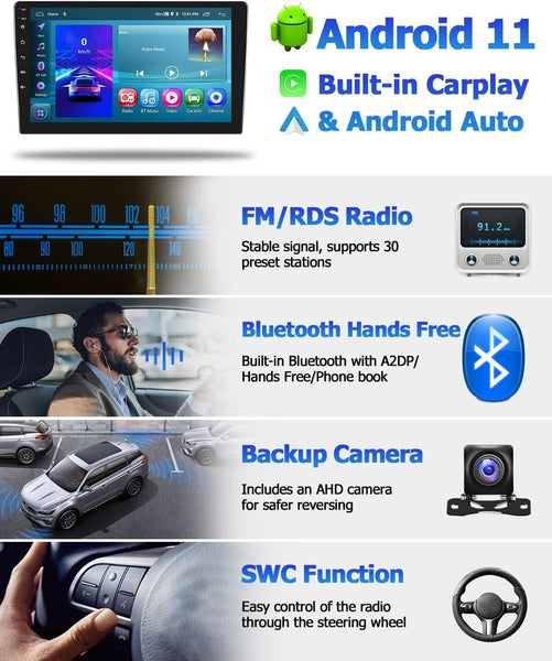10.1" Touchscreen Android 11 2GB + 32GB Carplay / Android 11 auto Car Stereo Head unit Radio GPS WiFi MP5 Double 2Din + Reverse Camera