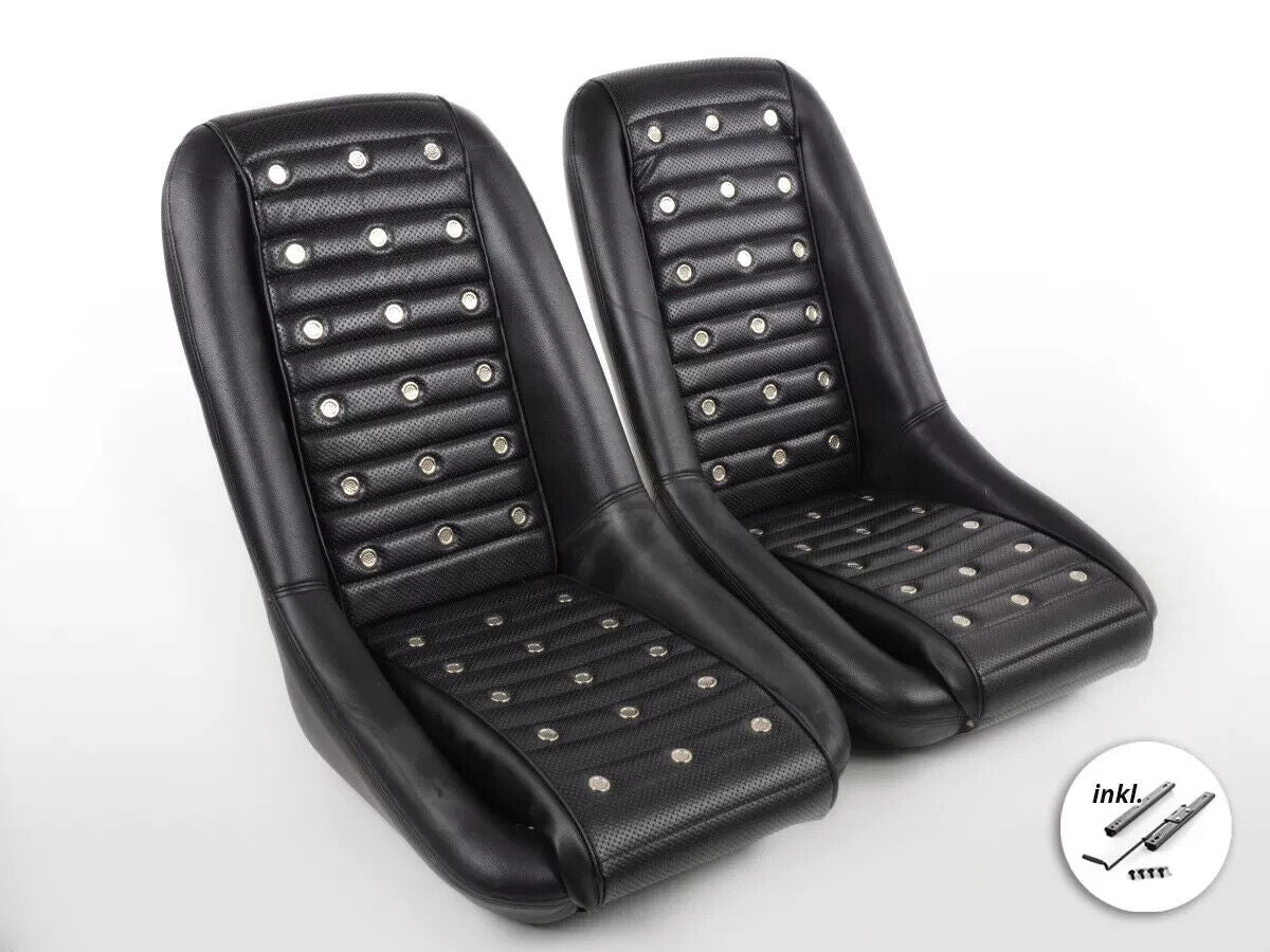 Black Studded Classic Car Retro Kit Speedster Vintage Resto Sports Bucket Seats with slide runners
