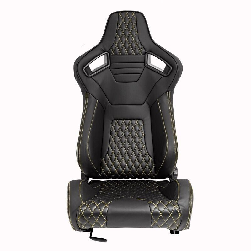 Auto-Style AK x1 Univ Reclining Sports Bucket Seat Black & Yellow Diamond Stitch Quilted Carbon Fibre Style + slide runners