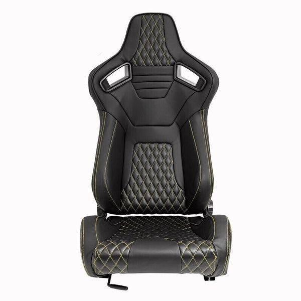 Auto-Style AK x1 Univ Reclining Sports Bucket Seat Black & Yellow Diamond Stitch Quilted Carbon Fibre Style + slide runners