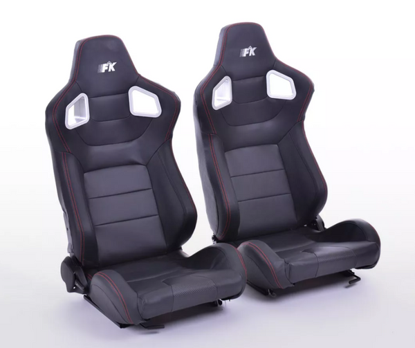 FK Pair of Universal Recline & Tilt Sports Bucket Seats - RS Carbon Fibre Black with Red Stitching