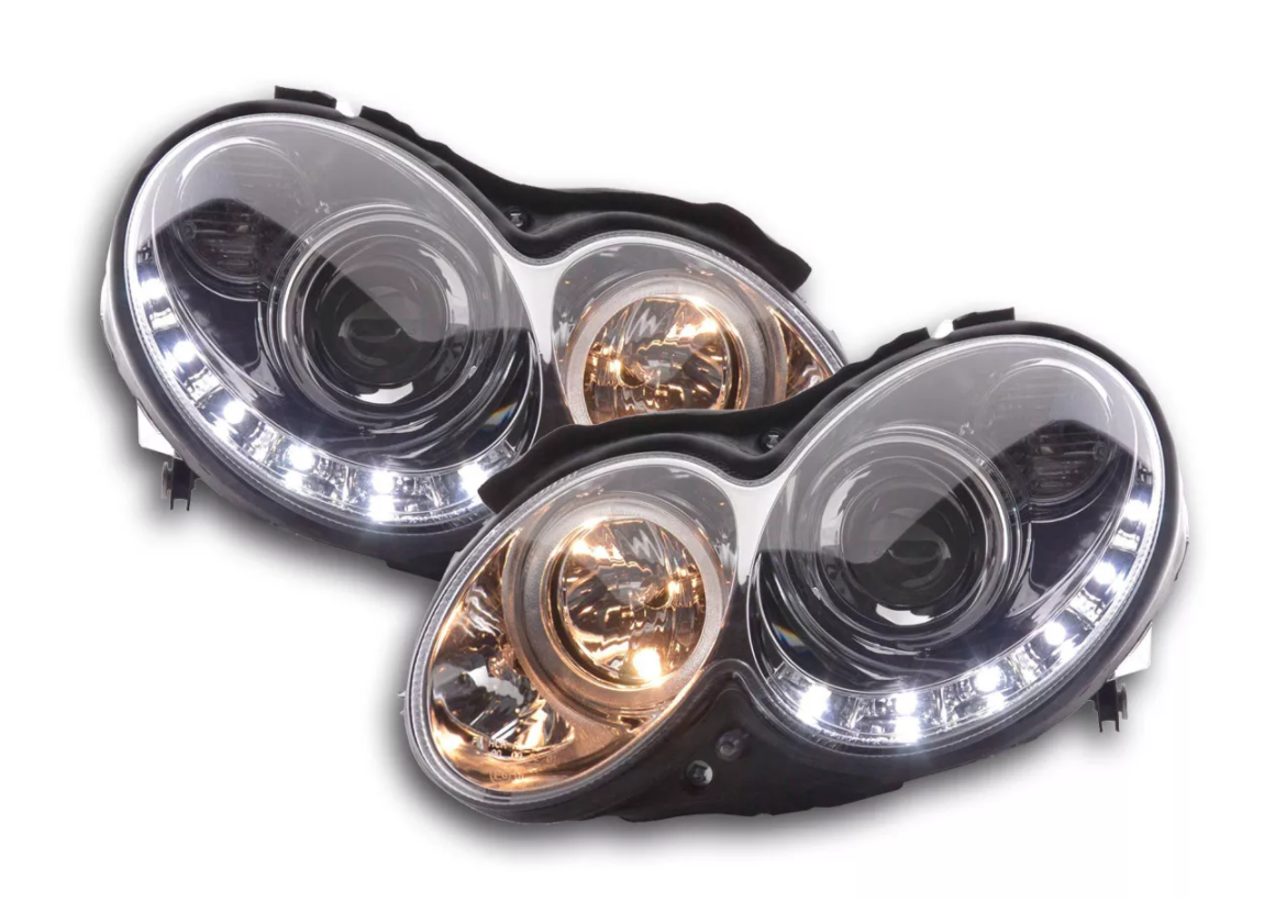 FK Set LED DRL HEADLIGHTS Mercedes CLK W209 04-09 chrome AMG LHD - LJ Automotive