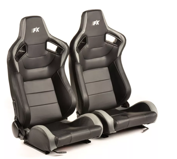 FK Pair Universal Bucket Sports Seats Black on Grey Synthetic Leather Carbon Lux