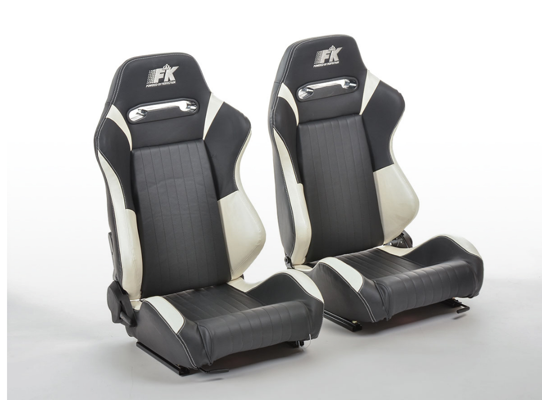 FK Sports Bucket Seats Set - Synthetic Leather white & black - LJ Automotive