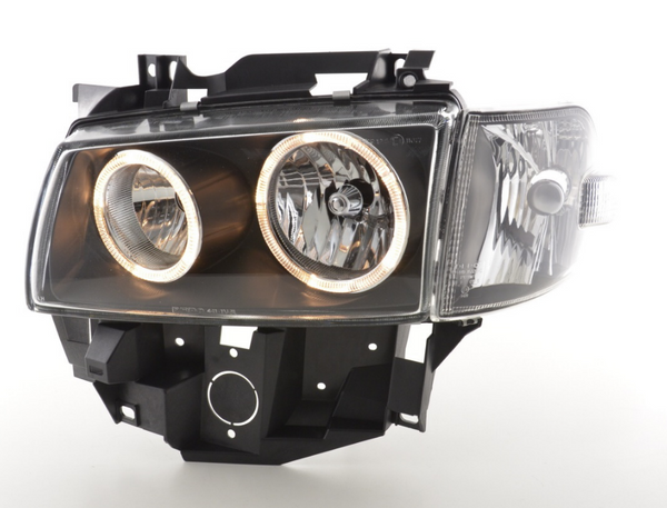 FK Pair LED Angel Eye Black Headlights VW Van Camper Transporter T4 LHD 97-02 - LJ Automotive