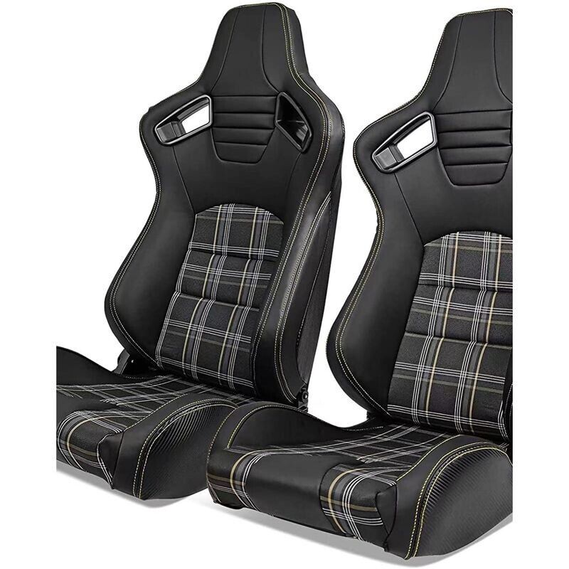 AUTO-STYLE GT x1 Individual Universal Sports Bucket Seat Black & Yellow Check Plaid Tartan + runners