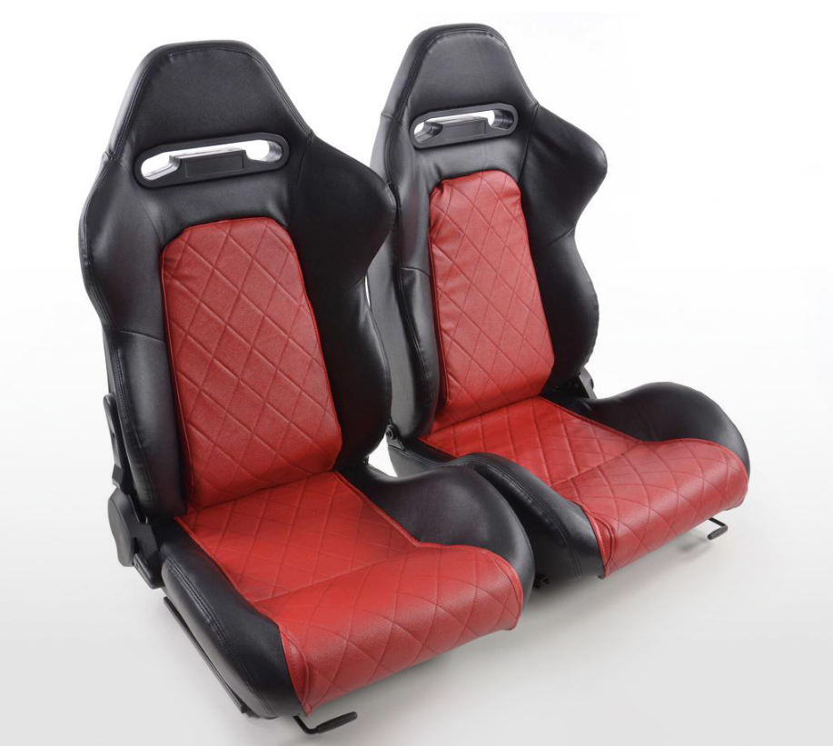 FK Premium Deluxe Bucket Sports Seats Black Red Quilted Car Van Defender T4 T5 - LJ Automotive